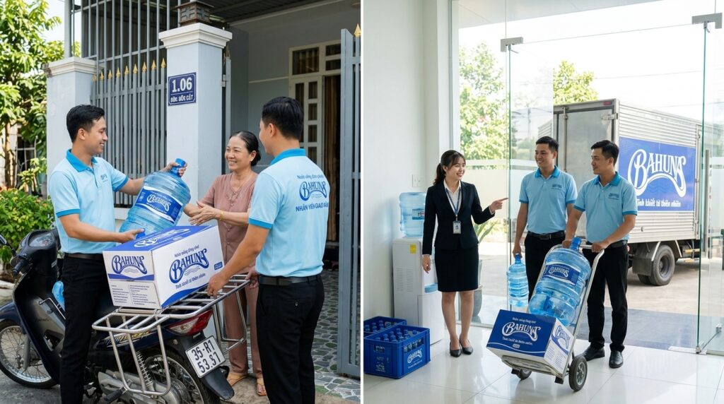 Nhân viên giao nước BaHuNa cho công ty