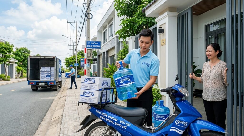 Nhân viên giao nước BaHuNa cho gia đình